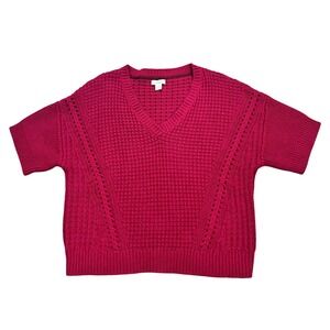 Sundance Short Sleeve V Neck Textured Knit Sweater Magenta‎ Pink Size S Cotton